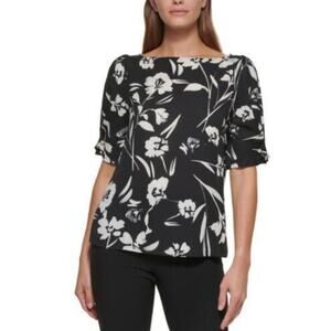 DKNY TOP WOMENS XSMALL EMBELLISHED ELBOW-SLEEVE STAMPED FLORAL BLACK WHITE